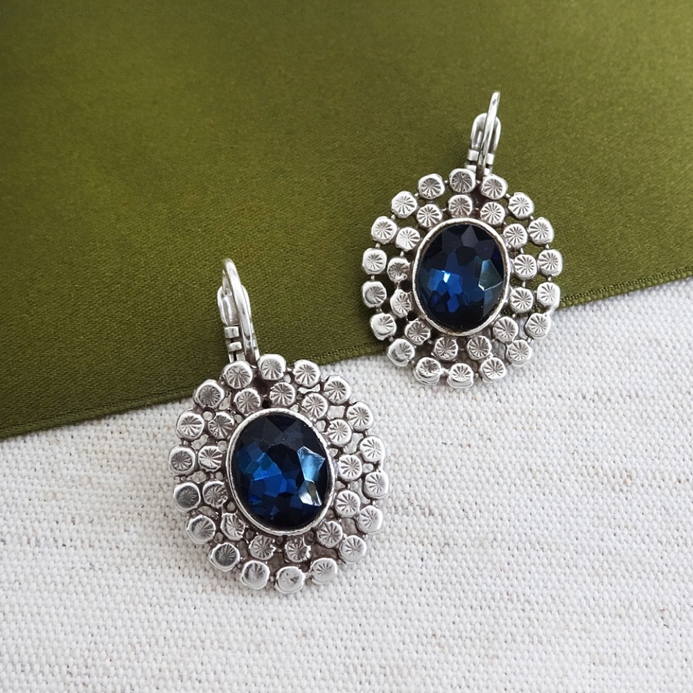 Oval Drop Earrings, Blue Crystal Center, Cocktail Jewelry, Wedding, NWT